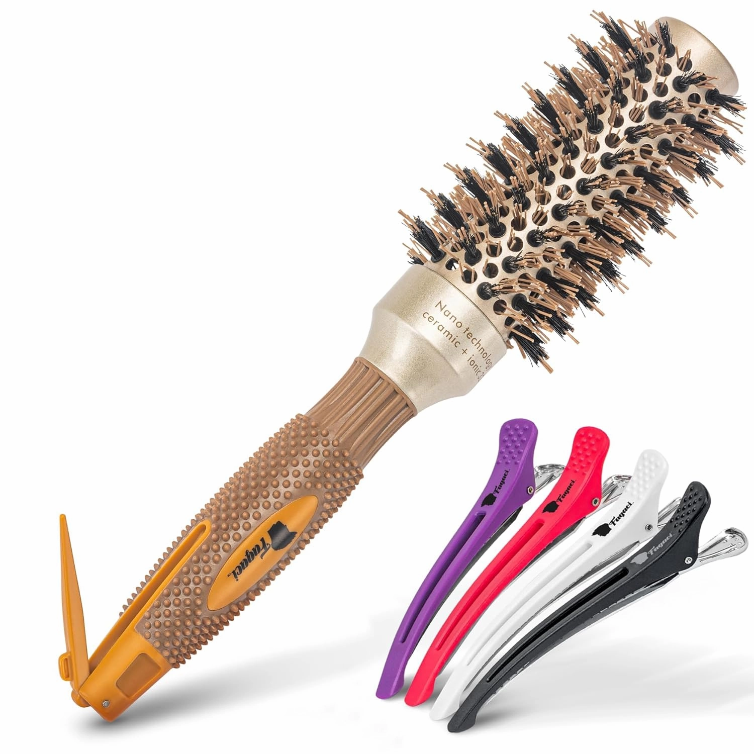Fagaci Small Round Brush for Blow Drying with Natural Boar Bristle, Hair Styling, Drying, Healthy Hair and Add Volume, Ceramic Gold, Hair Brush   4 Styling Clips