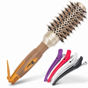 Fagaci Small Round Brush for Blow Drying with Natural Boar Bristle, Hair Styling, Drying, Healthy Hair and Add Volume, Ceramic Gold, Hair Brush   4 Styling Clips