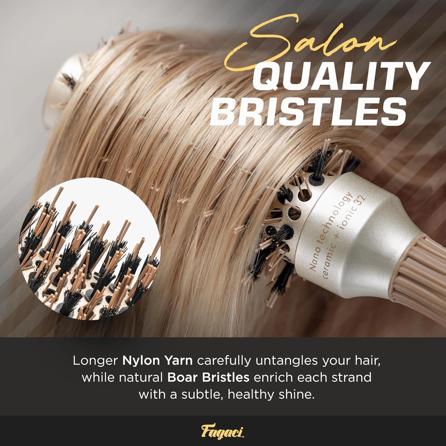 Fagaci Small Round Brush for Blow Drying with Natural Boar Bristle, Hair Styling, Drying, Healthy Hair and Add Volume, Ceramic Gold, Hair Brush   4 Styling Clips