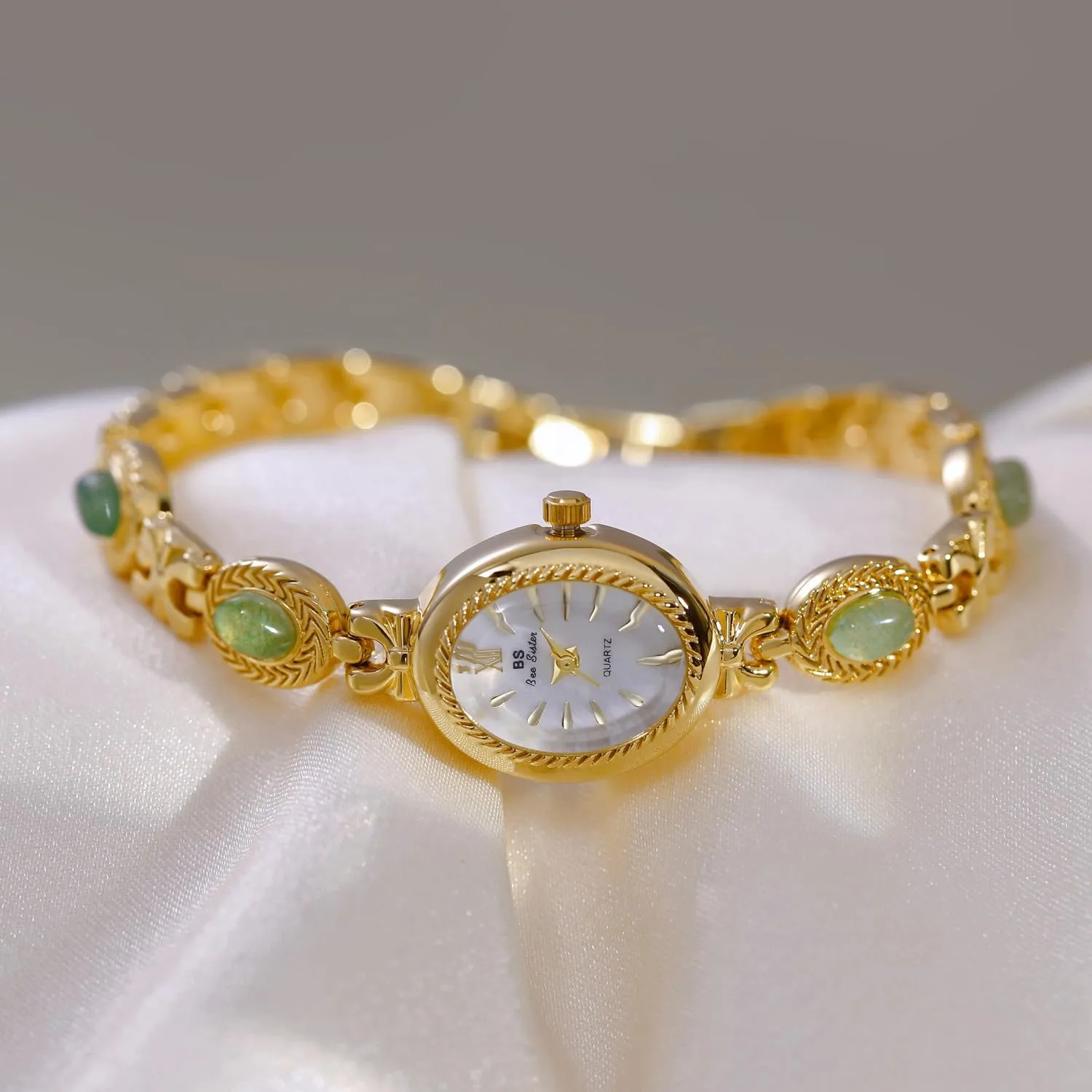 FANMIS Gold Tone Watches for Women with Small Vintage Bracelet Elegant Jade Oval Dial Dress Watch Fashion Quartz Wrist Watch Waterproof Watch
