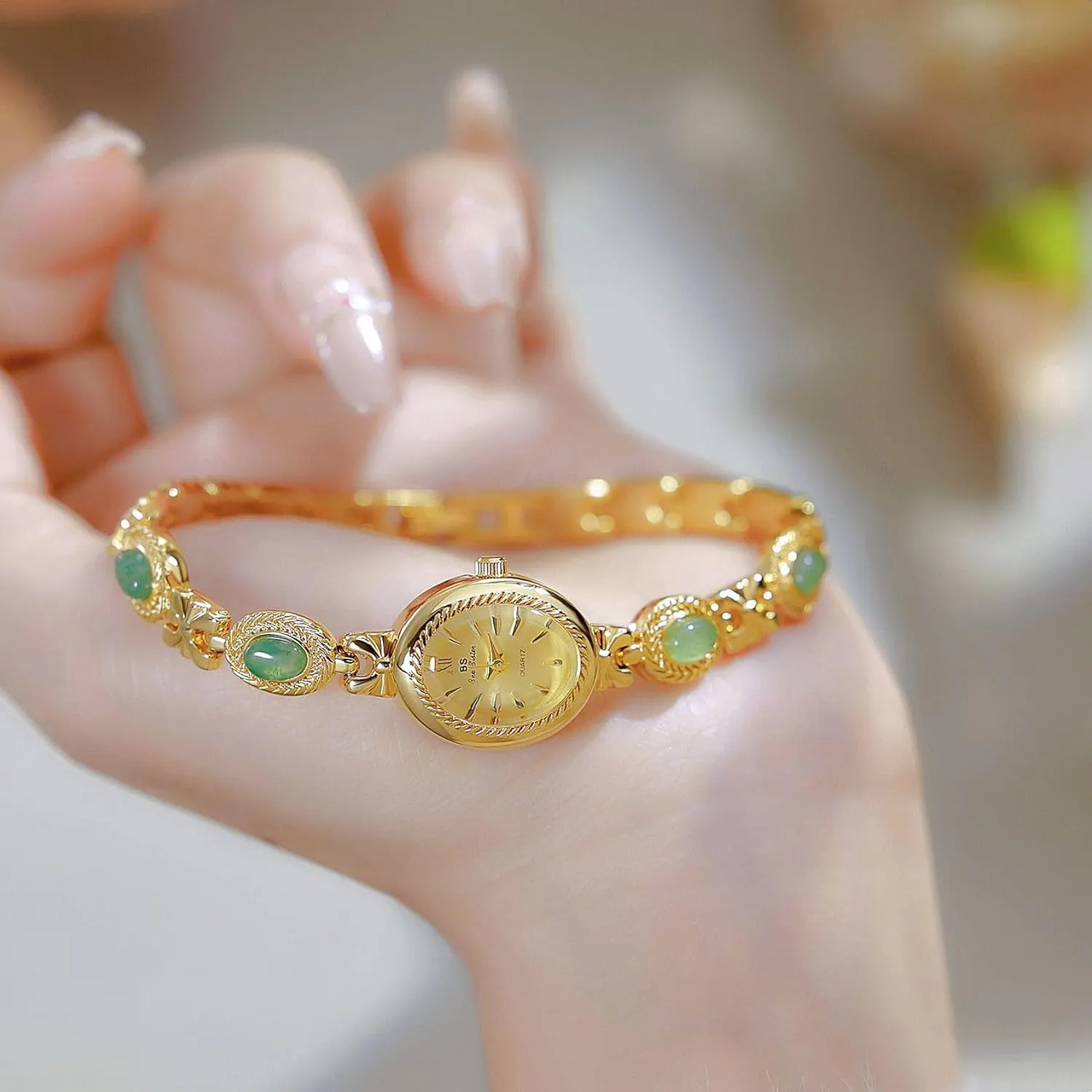 FANMIS Gold Tone Watches for Women with Small Vintage Bracelet Elegant Jade Oval Dial Dress Watch Fashion Quartz Wrist Watch Waterproof Watch