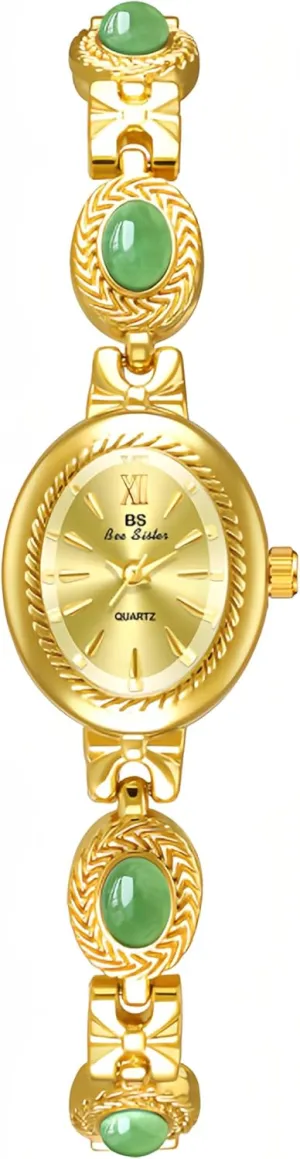 FANMIS Gold Tone Watches for Women with Small Vintage Bracelet Elegant Jade Oval Dial Dress Watch Fashion Quartz Wrist Watch Waterproof Watch