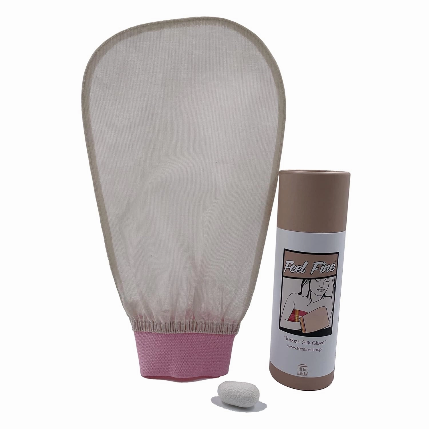 Feel Fine Turkish 100% Raw Cocoon Silk Exfoliating Glove and Mitt, Body Scrub Exfoliator and Fake Tan Remover, for Natural Glow, Women and Men, Shower, Hammam, Spa (Light Pink)
