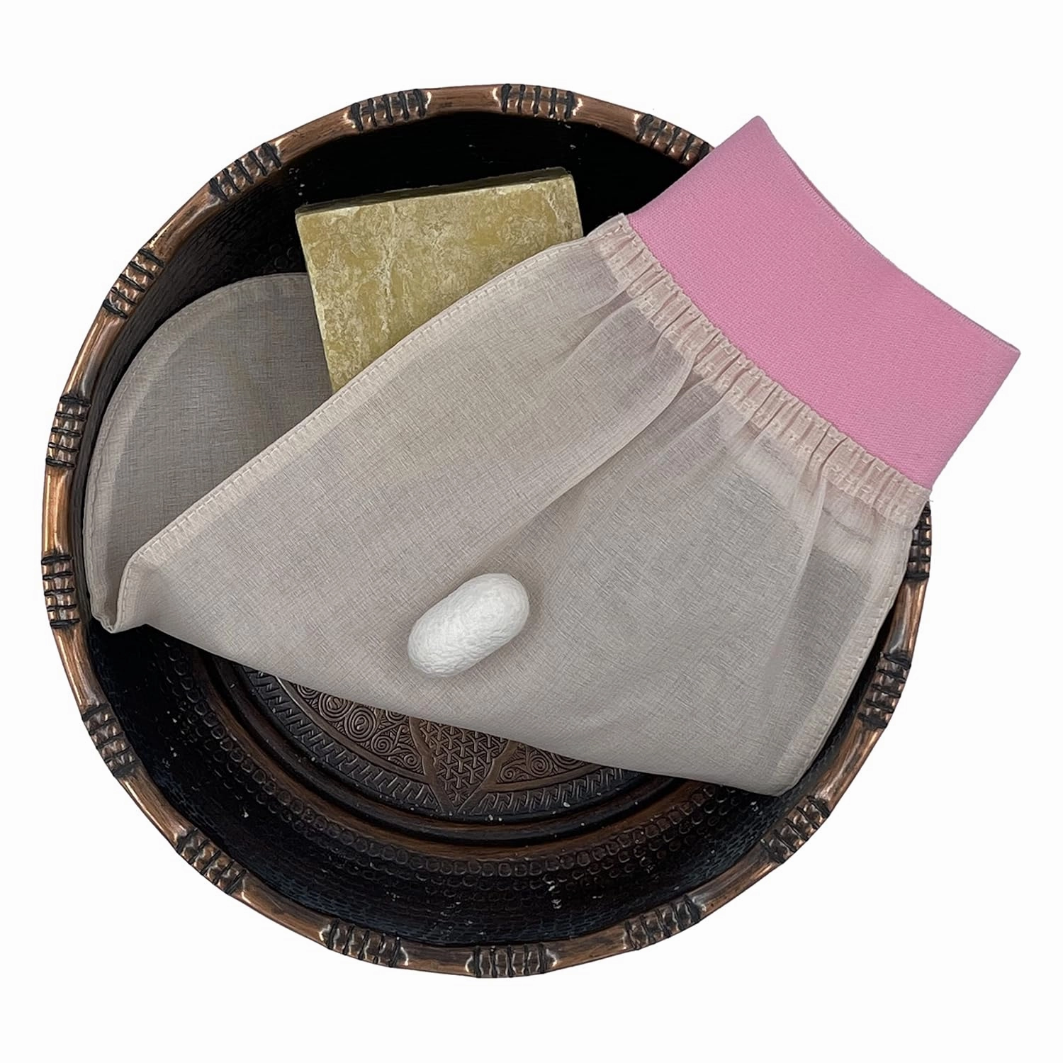 Feel Fine Turkish 100% Raw Cocoon Silk Exfoliating Glove and Mitt, Body Scrub Exfoliator and Fake Tan Remover, for Natural Glow, Women and Men, Shower, Hammam, Spa (Light Pink)