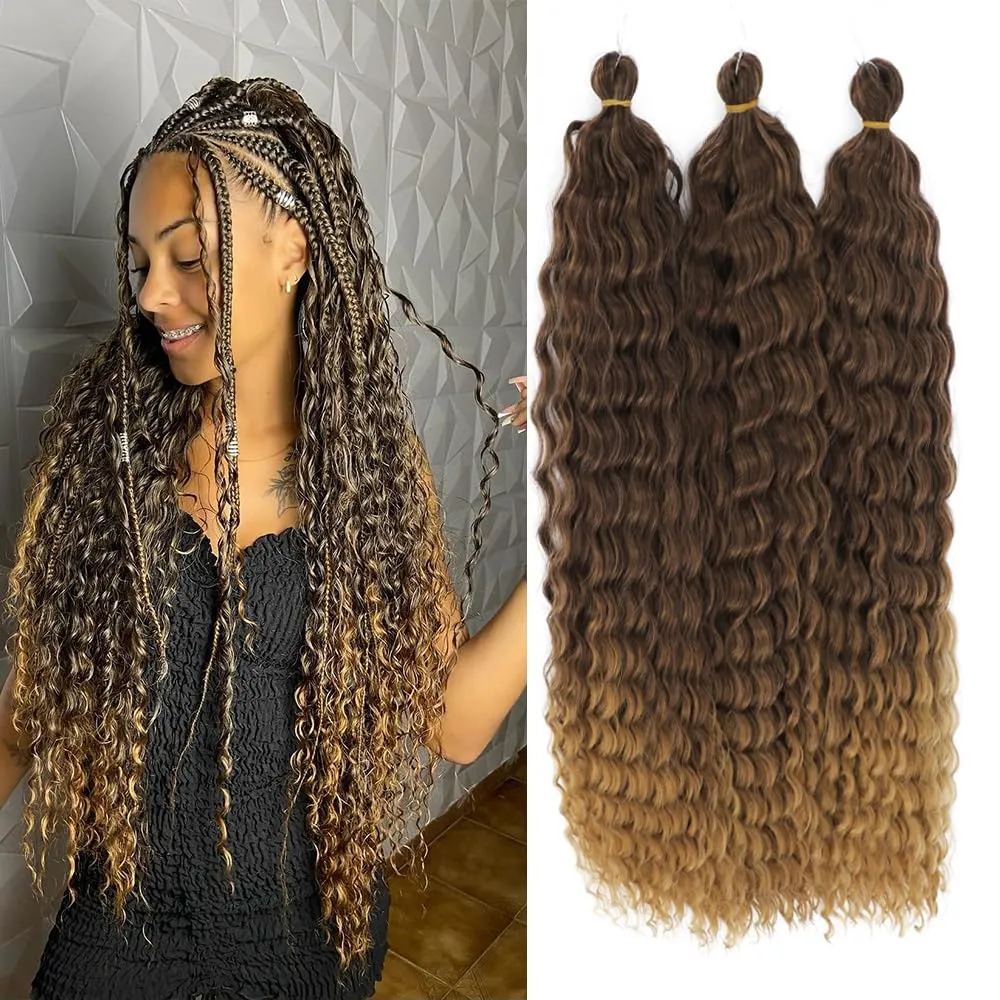 Felek Ocean Wave Crochet Braiding Hair 30inch 3 Packs Ombre Brown Long Water Wave Synthetic Wavy Deep Curly Crochet Braids Hair For Black Women (T4/27)