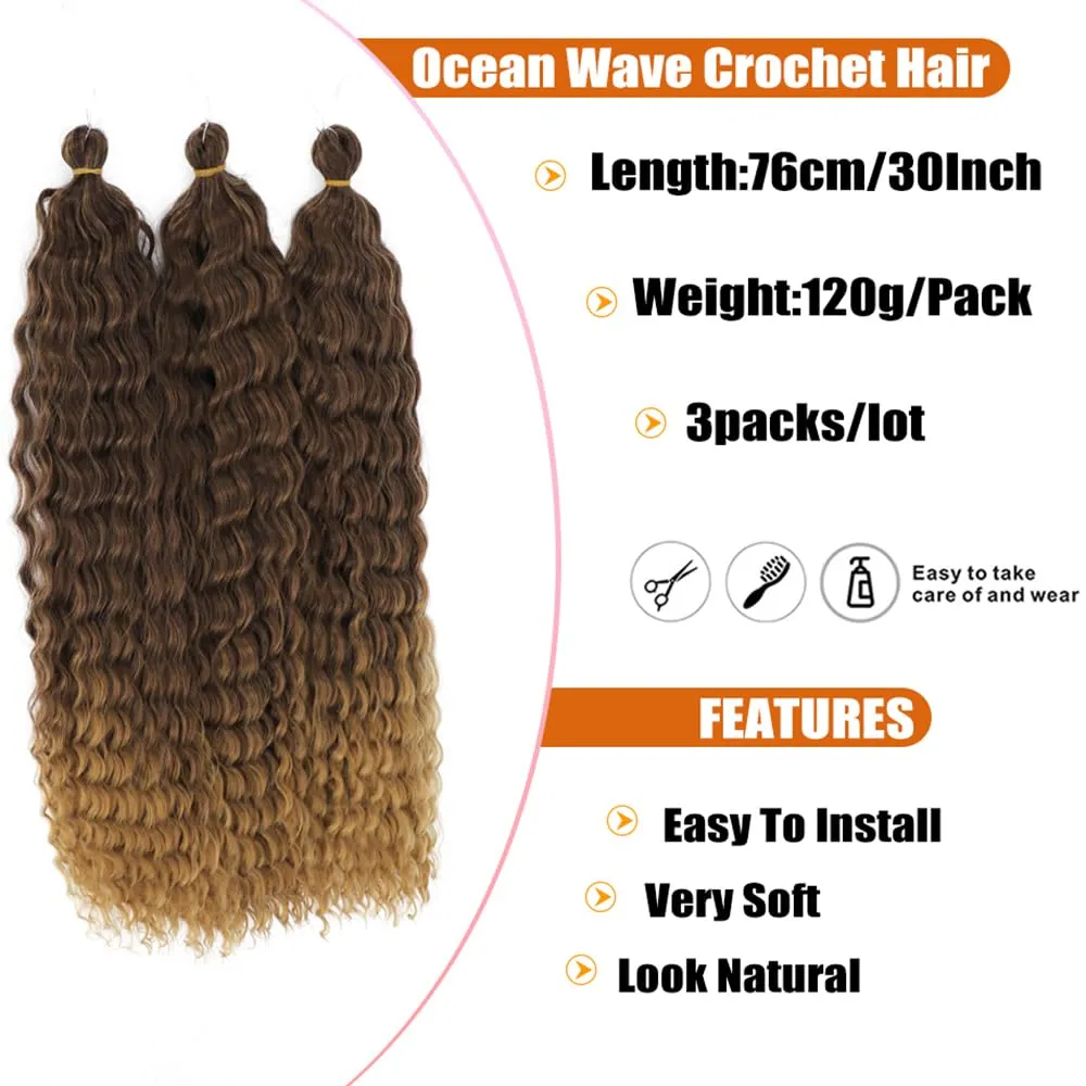 Felek Ocean Wave Crochet Braiding Hair 30inch 3 Packs Ombre Brown Long Water Wave Synthetic Wavy Deep Curly Crochet Braids Hair For Black Women (T4/27)