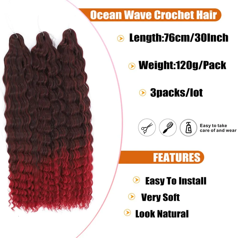 Felek Ocean Wave Crochet Hair 30inch 3 Packs Ombre Burgundy Color Long Water Wave Synthetic Deep Wavy Curly Crochet Braids Hair For Black Women （Mixed Black and Bug,T1B/BUG）