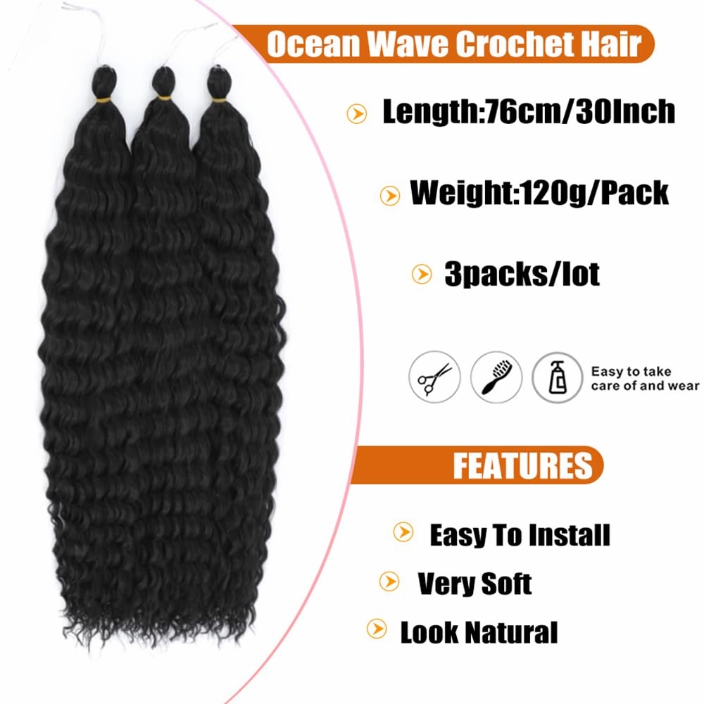 Felek 30inch 3 Packs Deep Ocean Wave Crochet Braiding Hair Long Water Wave Synthetic Wavy Deep Curly Crochet Braids Hair For Black Women (Natural Black, 1b)