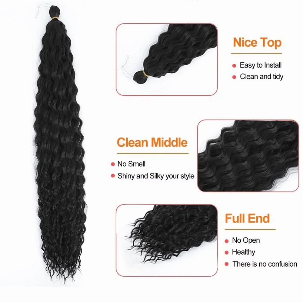 Felek 30inch 3 Packs Deep Ocean Wave Crochet Braiding Hair Long Water Wave Synthetic Wavy Deep Curly Crochet Braids Hair For Black Women (Natural Black, 1b)