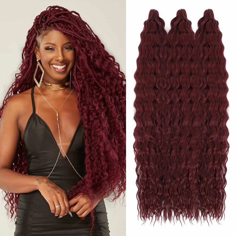 Felek 30inch Ocean Wave Crochet Braiding Hair 3 Packs Burgundy Color Deep Water Curly Synthetic Crochet Braided Hair For Black Women(Bug)
