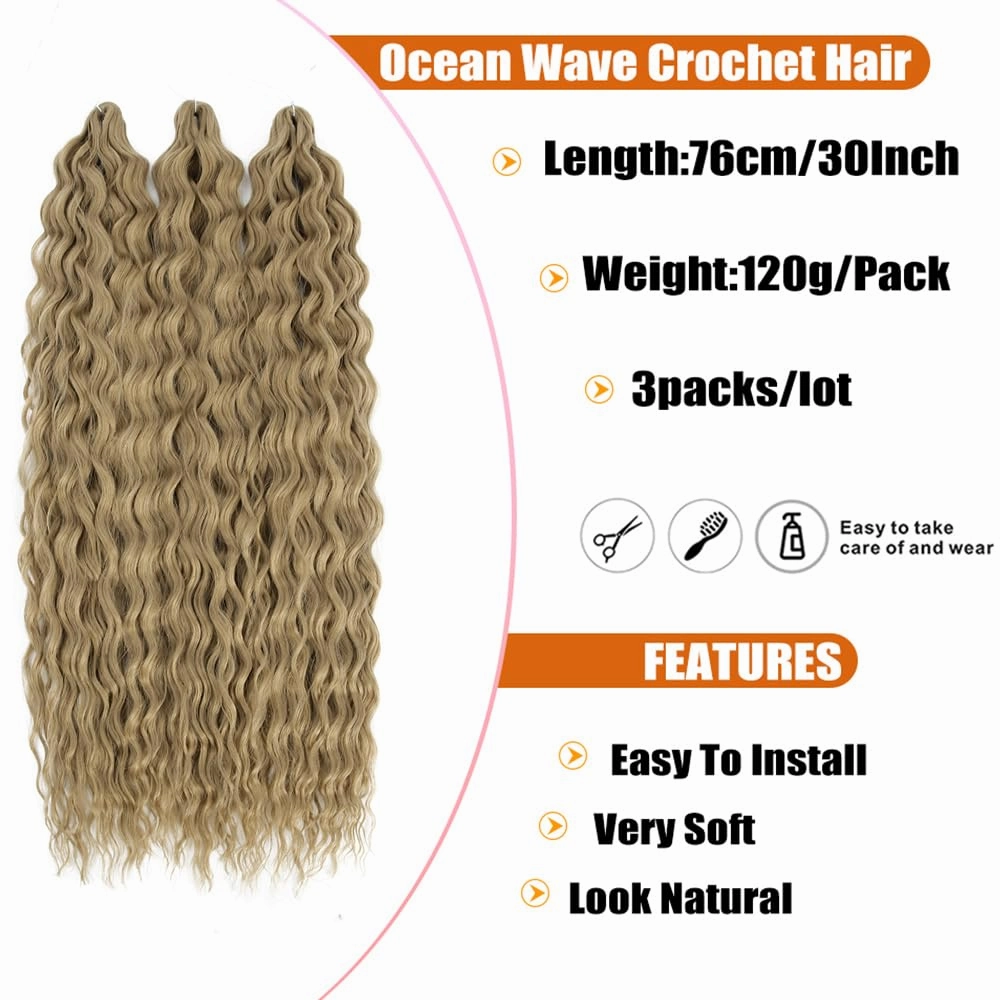 Felek Ocean Wave Crochet Braiding Hair 30inch 3 Packs Ash Blonde Long Water Wave Synthetic Wavy Deep Curly Crochet Braids Hair For Fashion Women (Ash Blonde,#24)