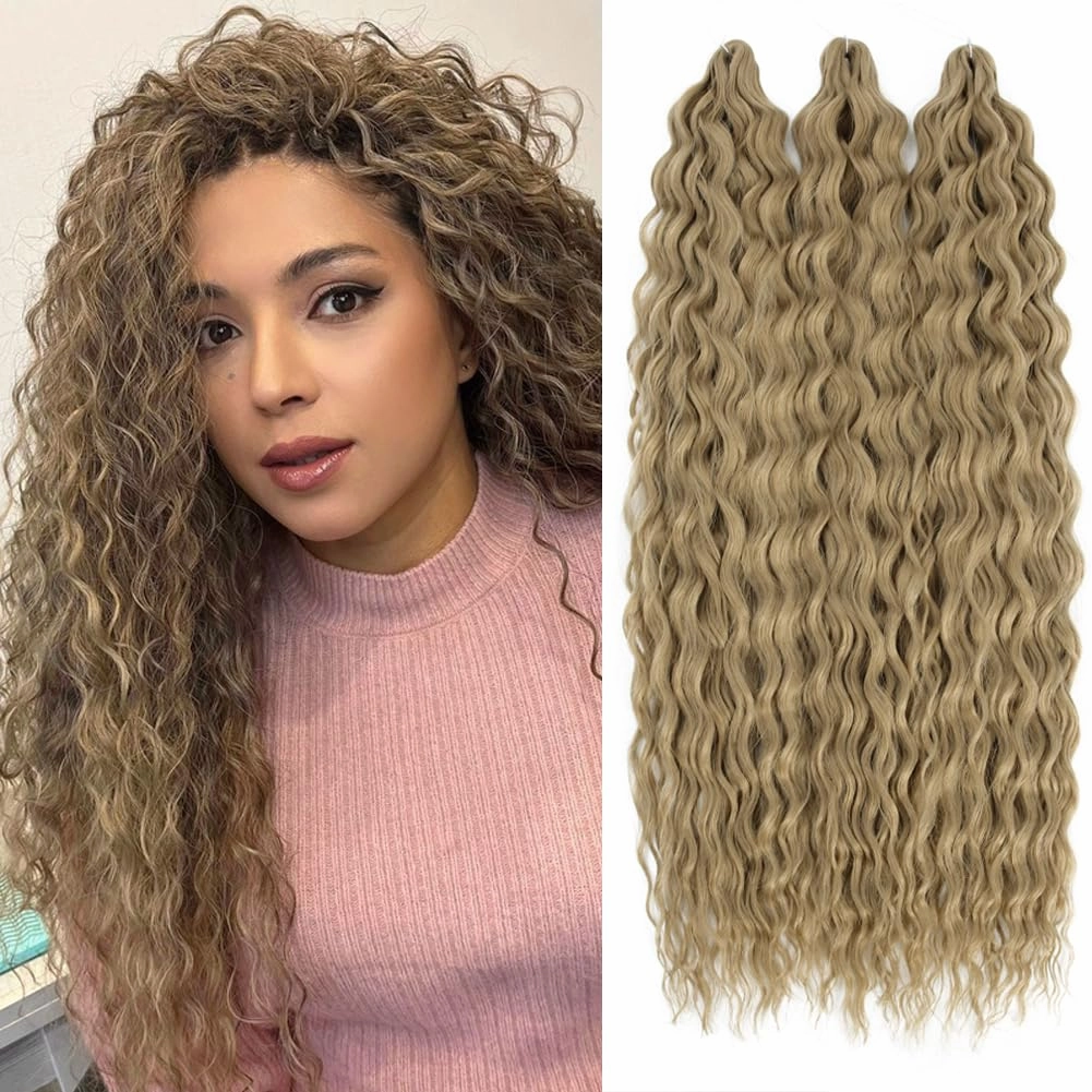 Felek Ocean Wave Crochet Braiding Hair 30inch 3 Packs Ash Blonde Long Water Wave Synthetic Wavy Deep Curly Crochet Braids Hair For Fashion Women (Ash Blonde,#24)