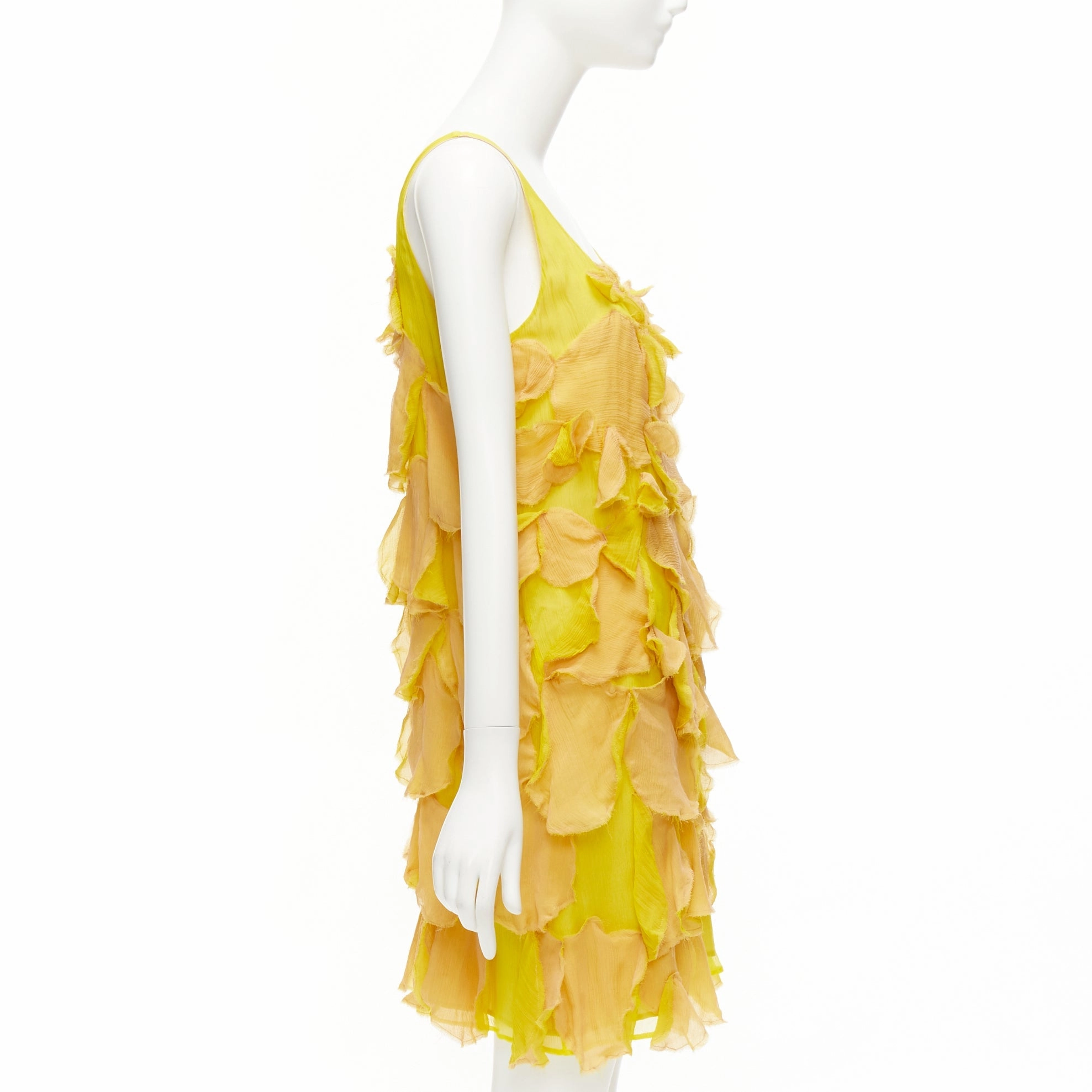 FENDI Vintage yellow nude 100% silk overlay flower petal mini dress IT44 L