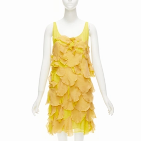 FENDI Vintage yellow nude 100% silk overlay flower petal mini dress IT44 L