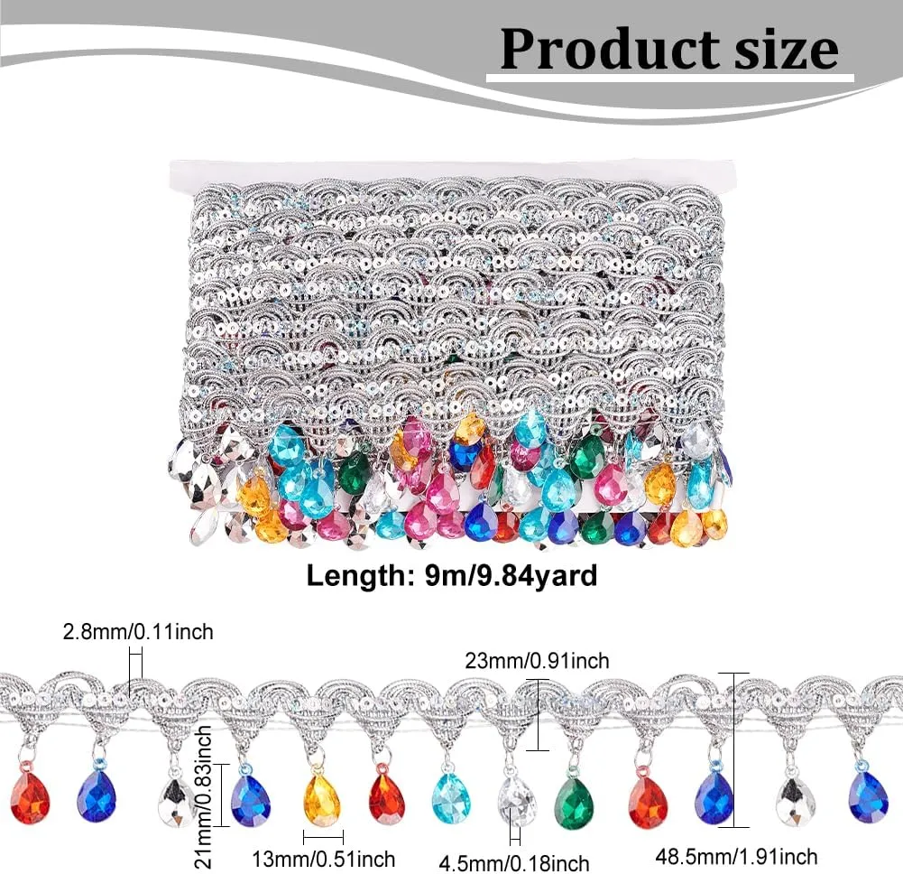 FINGERINSPIRE 9.8Yard/9m Hanging Beads Fringe Lace 1-7/8inch Wide Rhinestone Braided Ribbons Silver Sequins Ribbon with Colorful Rhinestone Fringe Trim Polyester Sewing Fringe Tassel Trim by The Yard