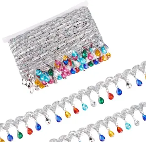 FINGERINSPIRE 9.8Yard/9m Hanging Beads Fringe Lace 1-7/8inch Wide Rhinestone Braided Ribbons Silver Sequins Ribbon with Colorful Rhinestone Fringe Trim Polyester Sewing Fringe Tassel Trim by The Yard