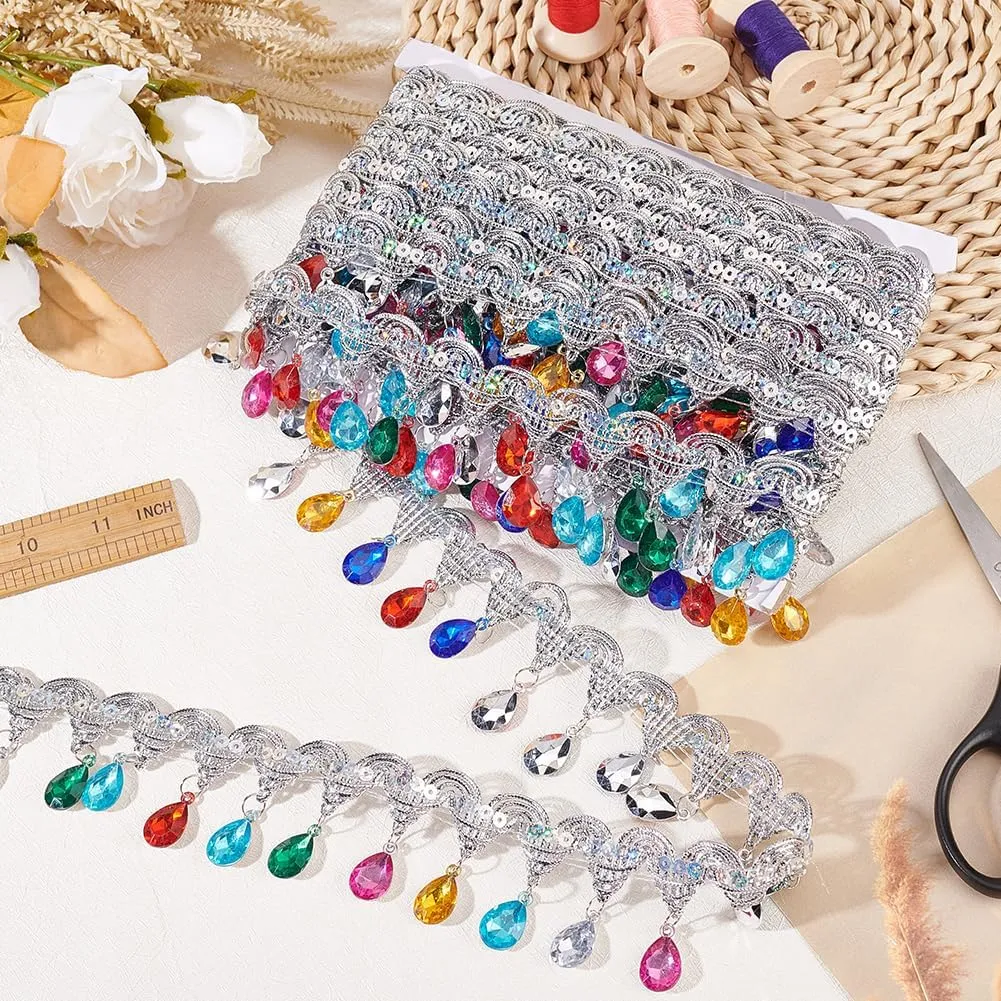 FINGERINSPIRE 9.8Yard/9m Hanging Beads Fringe Lace 1-7/8inch Wide Rhinestone Braided Ribbons Silver Sequins Ribbon with Colorful Rhinestone Fringe Trim Polyester Sewing Fringe Tassel Trim by The Yard