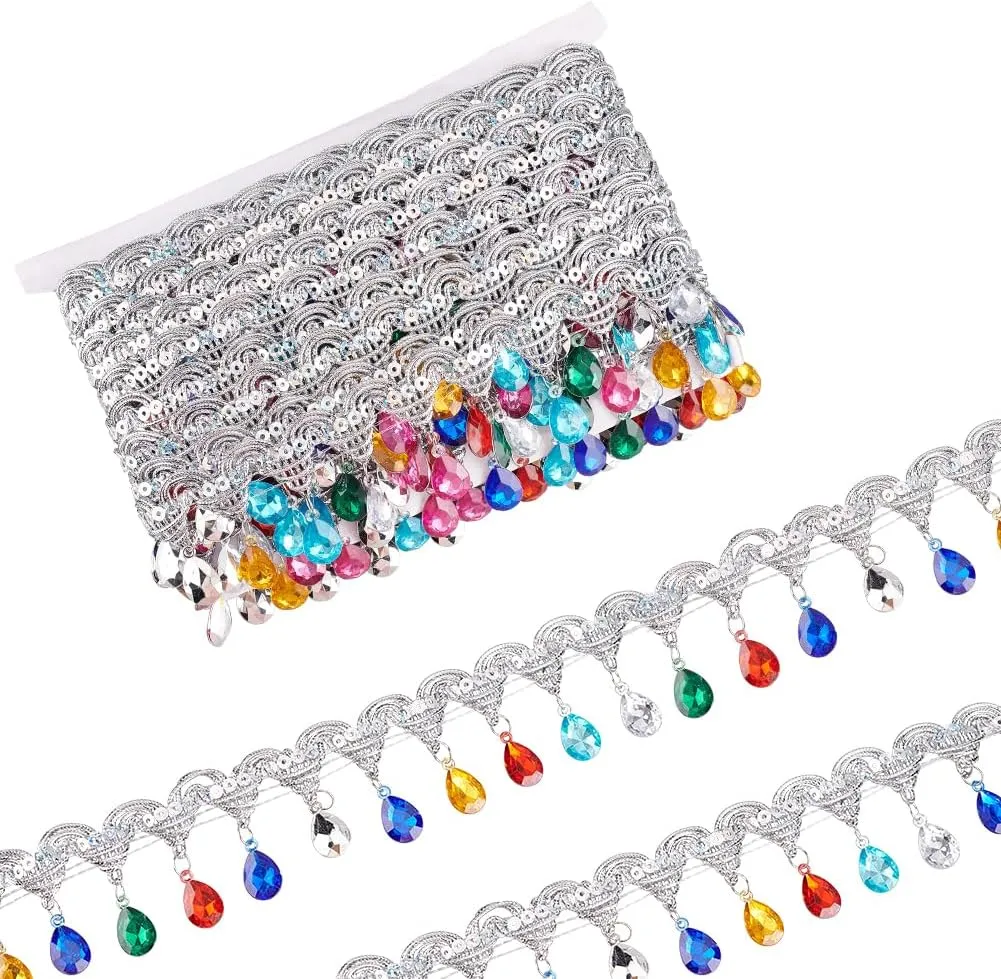 FINGERINSPIRE 9.8Yard/9m Hanging Beads Fringe Lace 1-7/8inch Wide Rhinestone Braided Ribbons Silver Sequins Ribbon with Colorful Rhinestone Fringe Trim Polyester Sewing Fringe Tassel Trim by The Yard