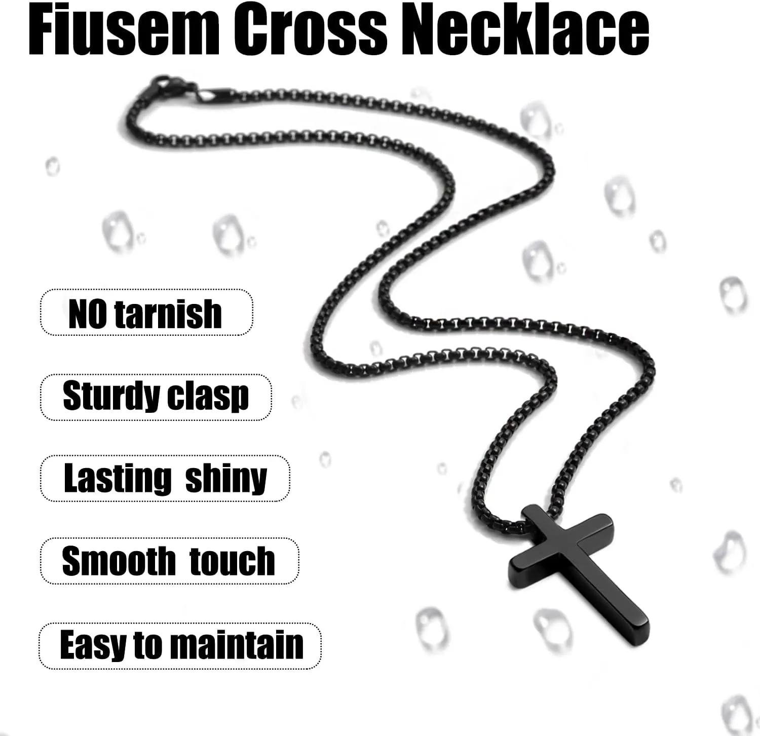 Fiusem Cross Necklace for Men, Silver/Gold/Black Mens Cross Necklaces with 2.5mm Cross Chain and Stainless Steel Cross Pendant, Box Chain 16-24 Inch