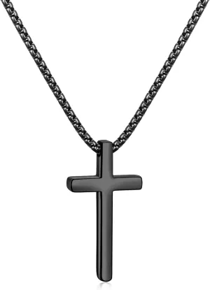 Fiusem Cross Necklace for Men, Silver/Gold/Black Mens Cross Necklaces with 2.5mm Cross Chain and Stainless Steel Cross Pendant, Box Chain 16-24 Inch