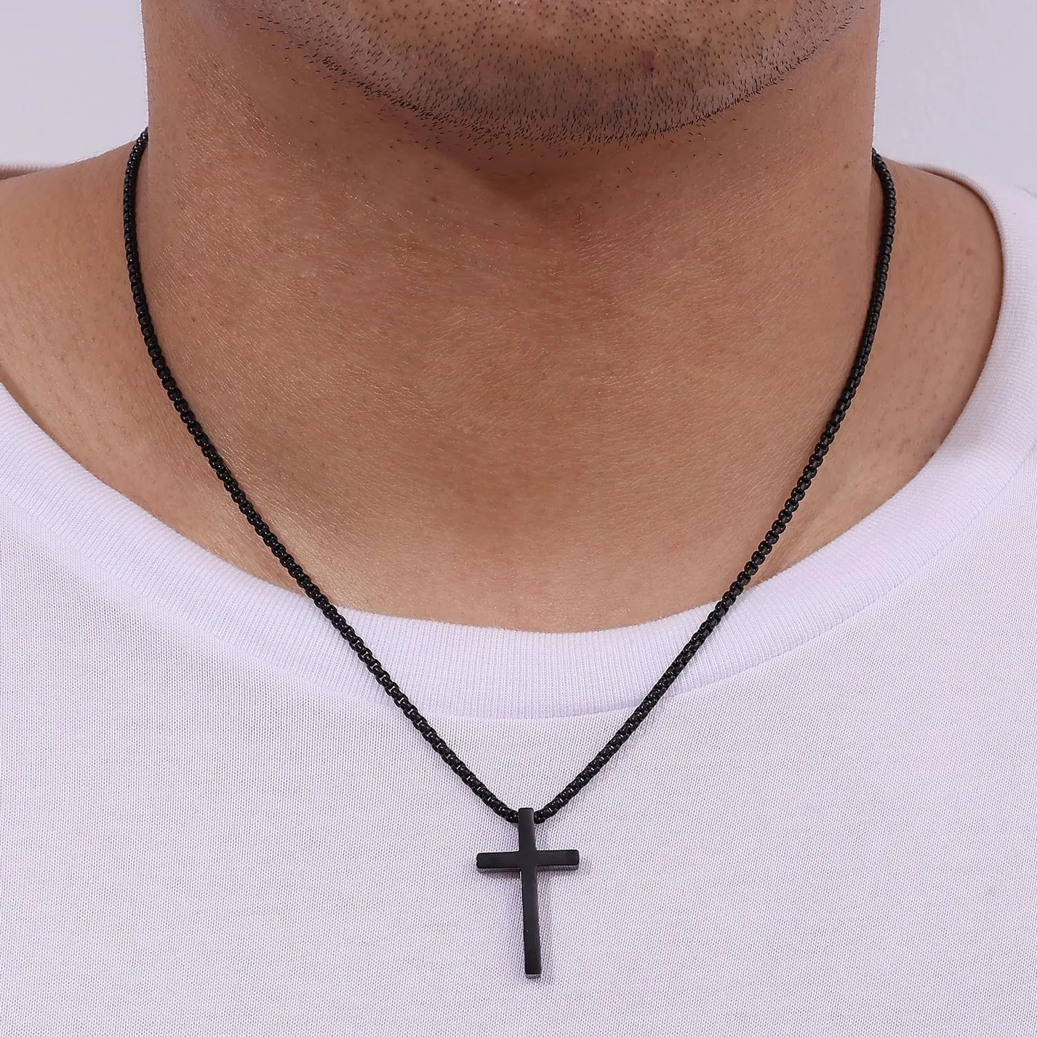Fiusem Cross Necklace for Men, Silver/Gold/Black Mens Cross Necklaces with 2.5mm Cross Chain and Stainless Steel Cross Pendant, Box Chain 16-24 Inch