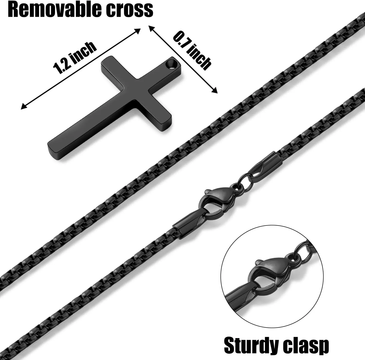 Fiusem Cross Necklace for Men, Silver/Gold/Black Mens Cross Necklaces with 2.5mm Cross Chain and Stainless Steel Cross Pendant, Box Chain 16-24 Inch