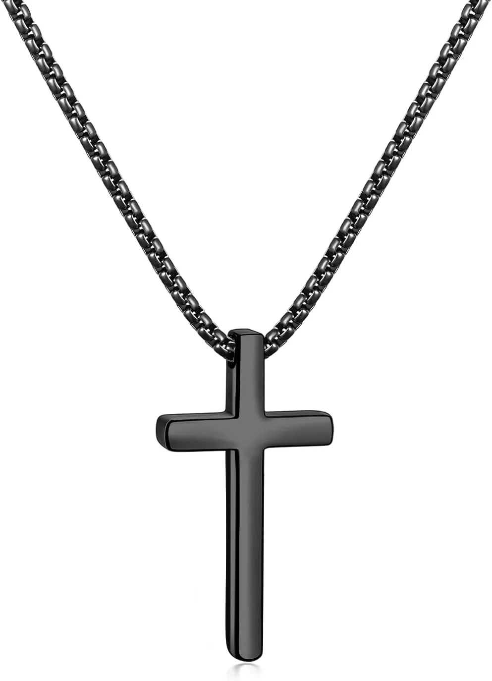 Fiusem Cross Necklace for Men, Silver/Gold/Black Mens Cross Necklaces with 2.5mm Cross Chain and Stainless Steel Cross Pendant, Box Chain 16-24 Inch