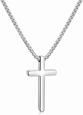 Fiusem Cross Necklace for Men, Silver/Gold/Black Mens Cross Necklaces with 2.5mm Cross Chain and Stainless Steel Cross Pendant, Box Chain 16-24 Inch
