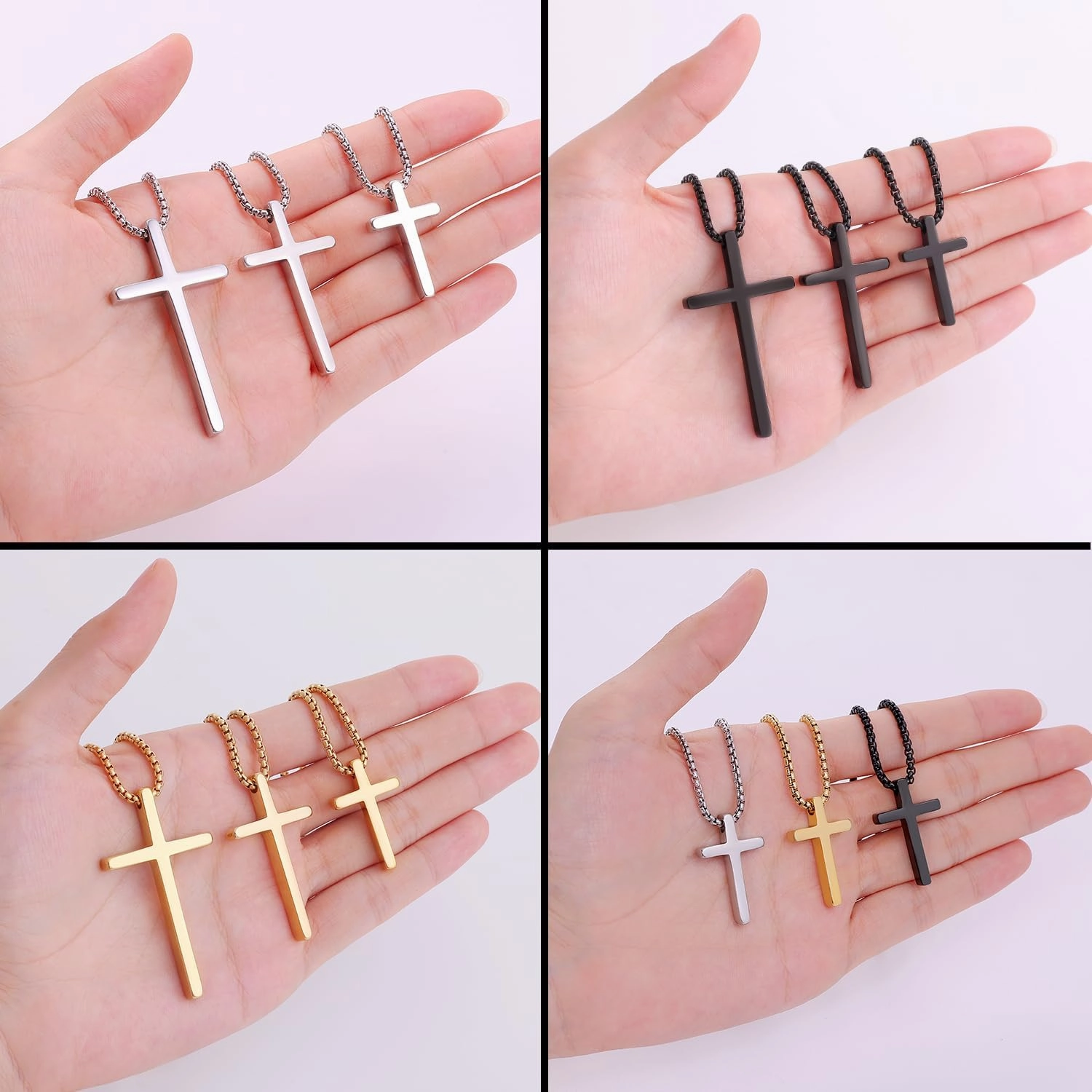 Fiusem Cross Necklace for Men, Silver/Gold/Black Mens Cross Necklaces with 2.5mm Cross Chain and Stainless Steel Cross Pendant, Box Chain 16-24 Inch