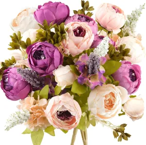 FiveSeasonStuff Vintage Artificial Peonies Silk Peony Flowers and Hydrangeas for Wedding Bridal Home Décor – Beautiful Floral Centerpiece Arrangement 2 Bouquets (Mixed Pale Pink and Thistle Purple)