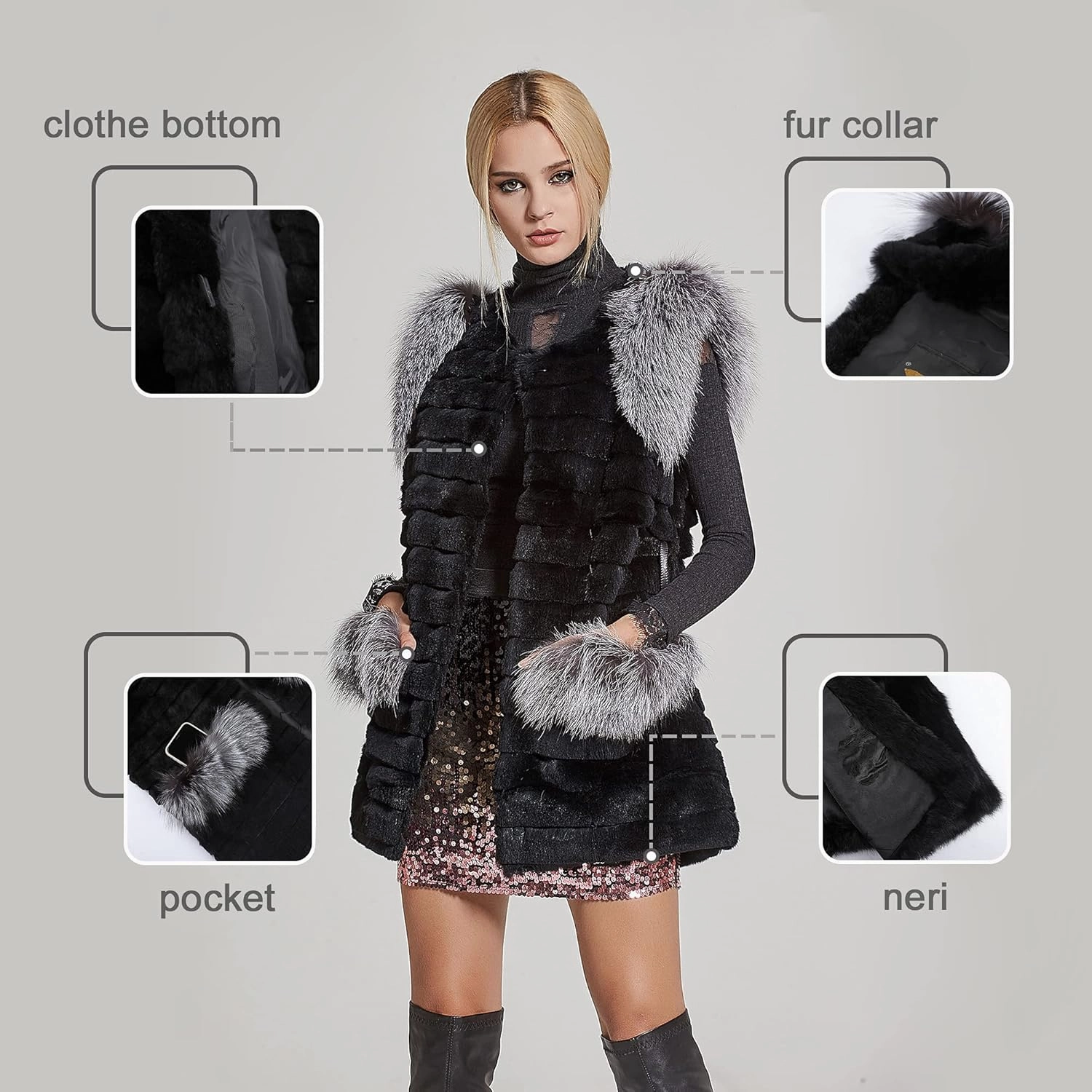 Fur Story Women's Genuine Rabbit Fur Coat With Fox Fur Cuffs Warm Winter Coat Black Long Jacket