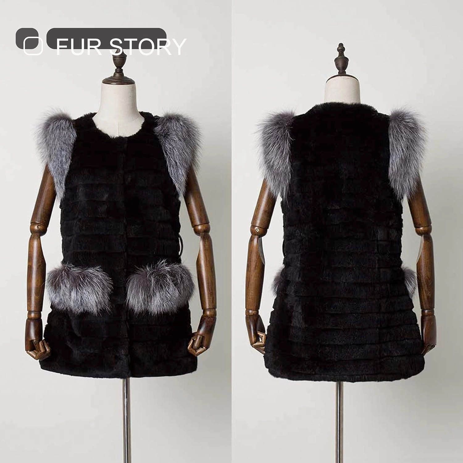 Fur Story Women's Genuine Rabbit Fur Coat With Fox Fur Cuffs Warm Winter Coat Black Long Jacket