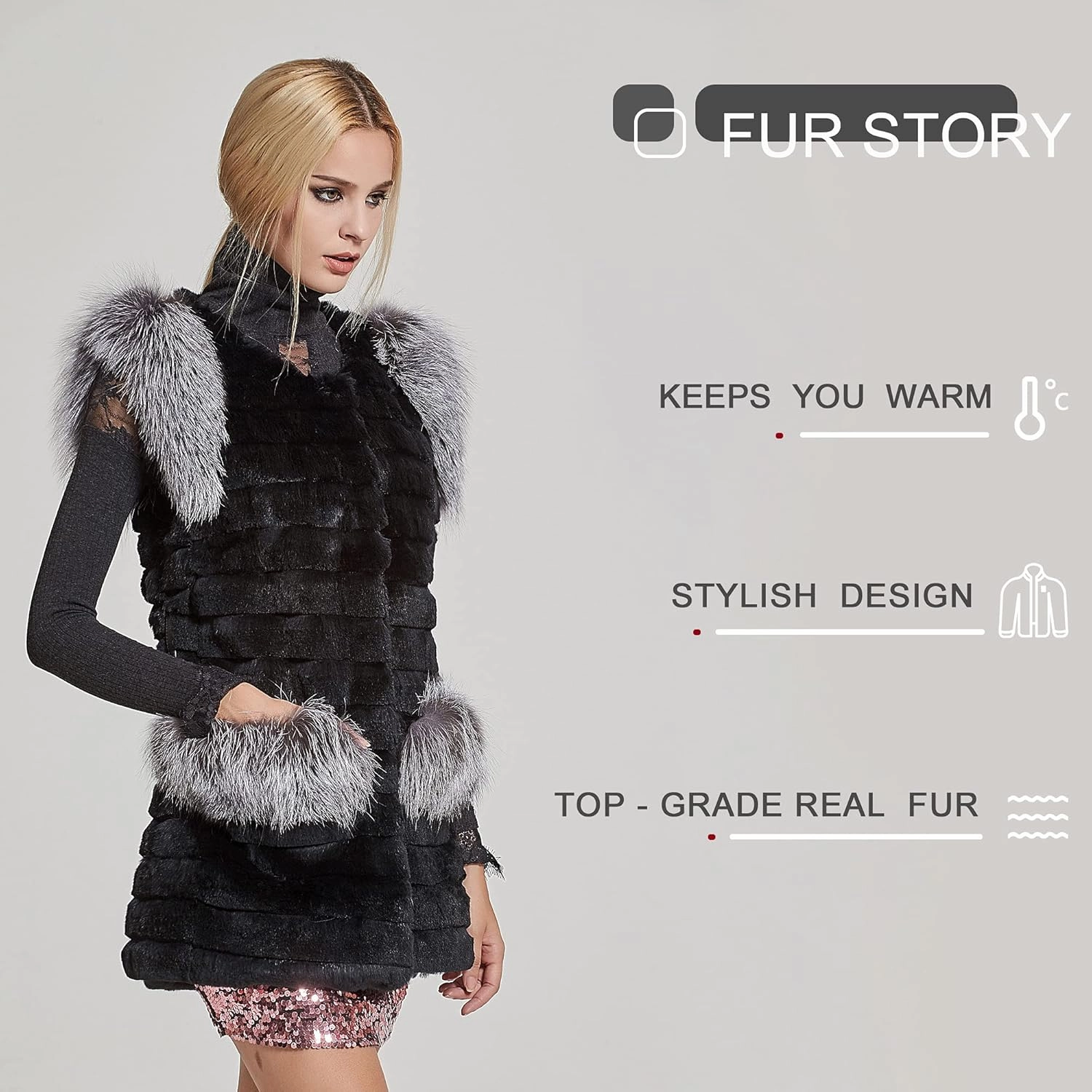 Fur Story Women's Genuine Rabbit Fur Coat With Fox Fur Cuffs Warm Winter Coat Black Long Jacket