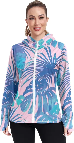 GAIGEO Blue Palm Banana Leaves Pink Women Jacket UPF 50  Lightweight Uv Protection Clothing Women, Breathable Fabric, S