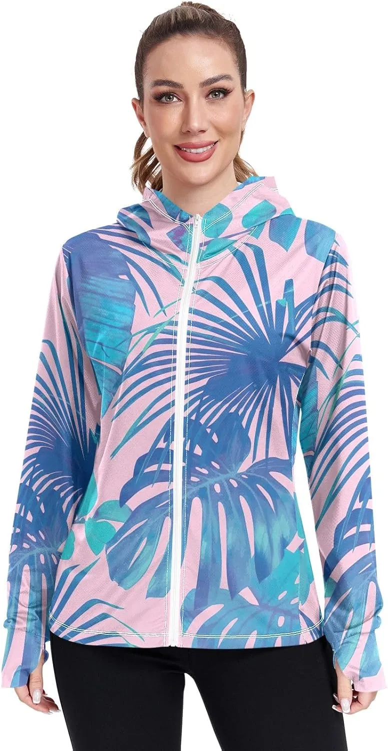 GAIGEO Blue Palm Banana Leaves Pink Women Jacket UPF 50  Lightweight Uv Protection Clothing Women, Breathable Fabric, S