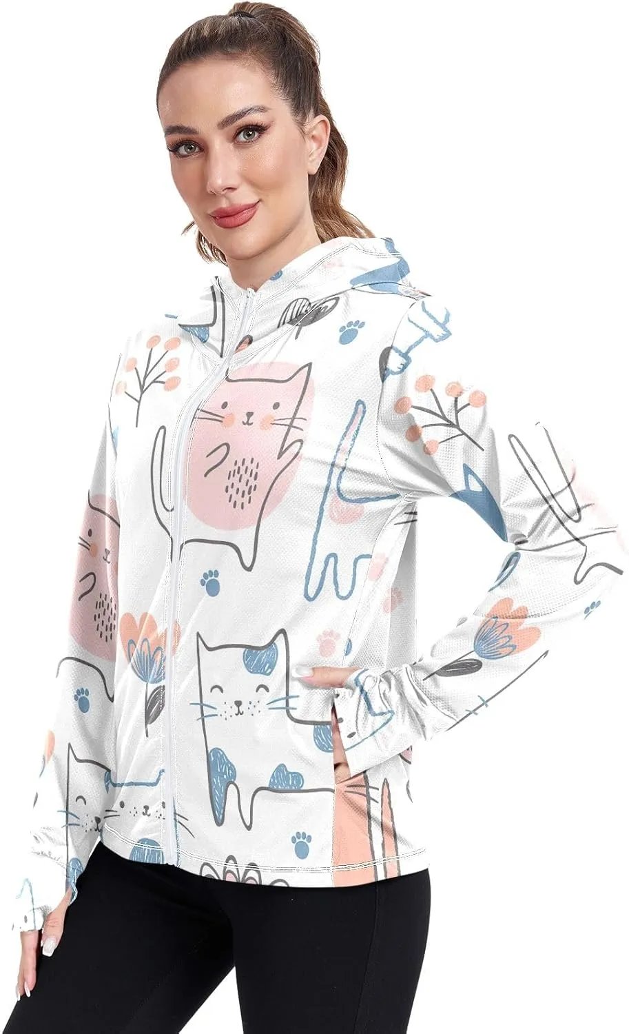 GAIGEO Blue Pink Tropical Leaf White Women Jacket UPF 50  Uv Clothes Women Thumb Holes Neck Protection, XXL