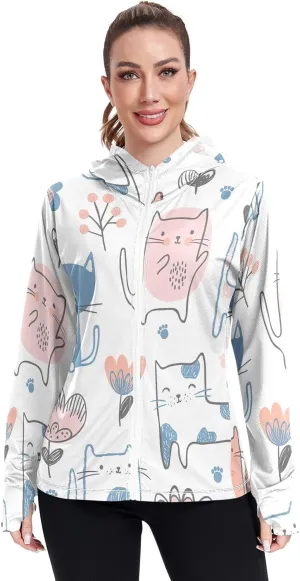 GAIGEO Blue Pink Tropical Leaf White Women Jacket UPF 50  Uv Clothes Women Thumb Holes Neck Protection, XXL