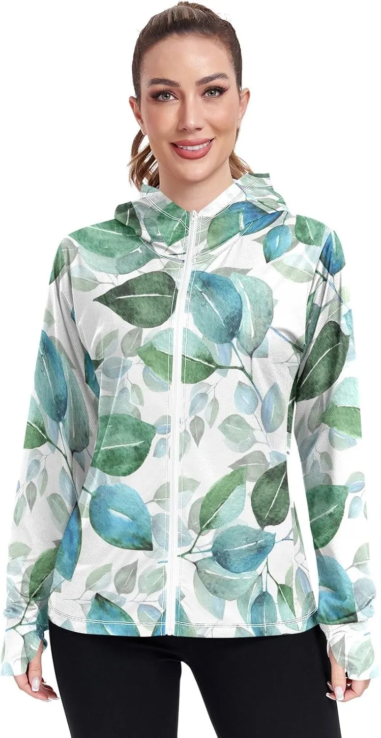 GAIGEO Blue Pink Tropical Leaf White Women Jacket UPF 50  Uv Clothes Women Thumb Holes Neck Protection, XXL