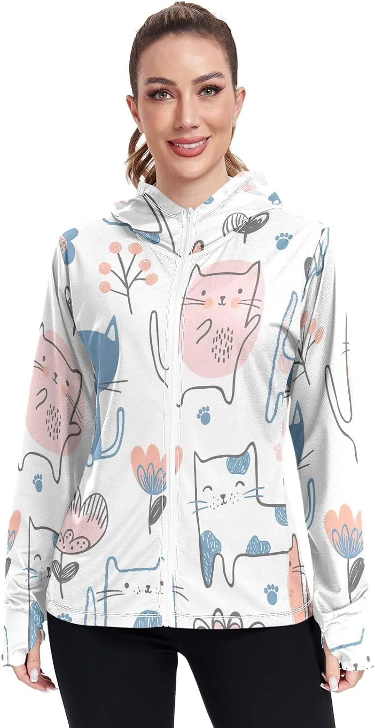 GAIGEO Blue Pink Tropical Leaf White Women Jacket UPF 50  Uv Clothes Women Thumb Holes Neck Protection, XXL