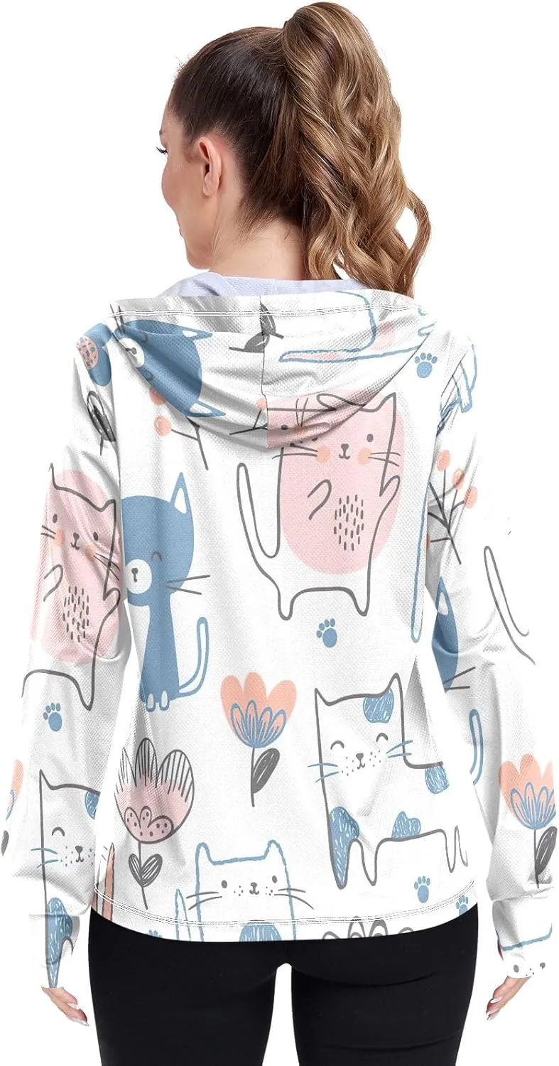GAIGEO Blue Pink Tropical Leaf White Women Jacket UPF 50  Uv Clothes Women Thumb Holes Neck Protection, XXL