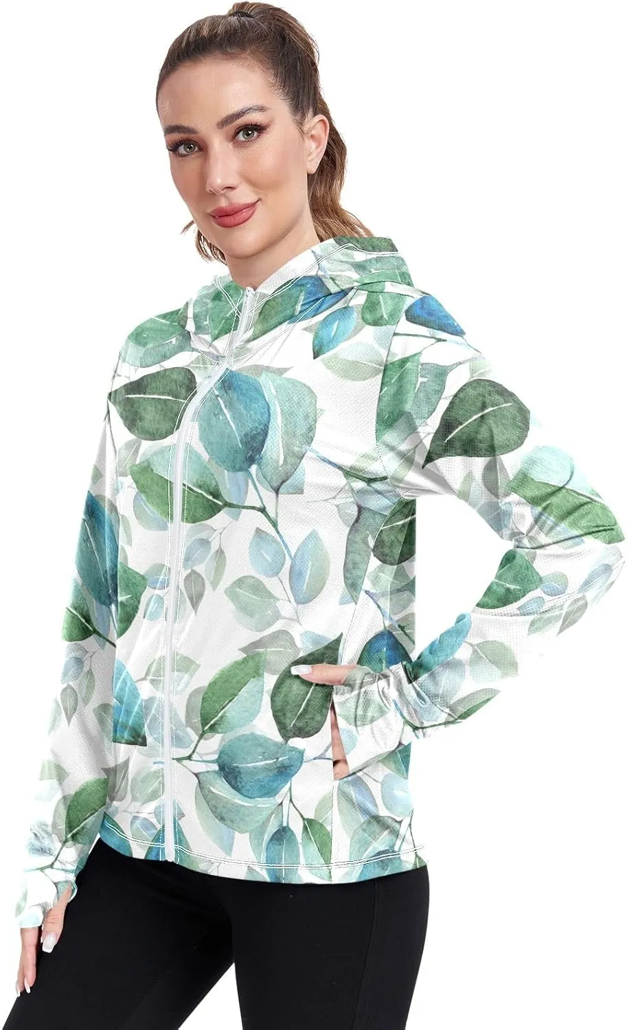 GAIGEO Blue Pink Tropical Leaf White Women Jacket UPF 50  Uv Clothes Women Thumb Holes Neck Protection, XXL