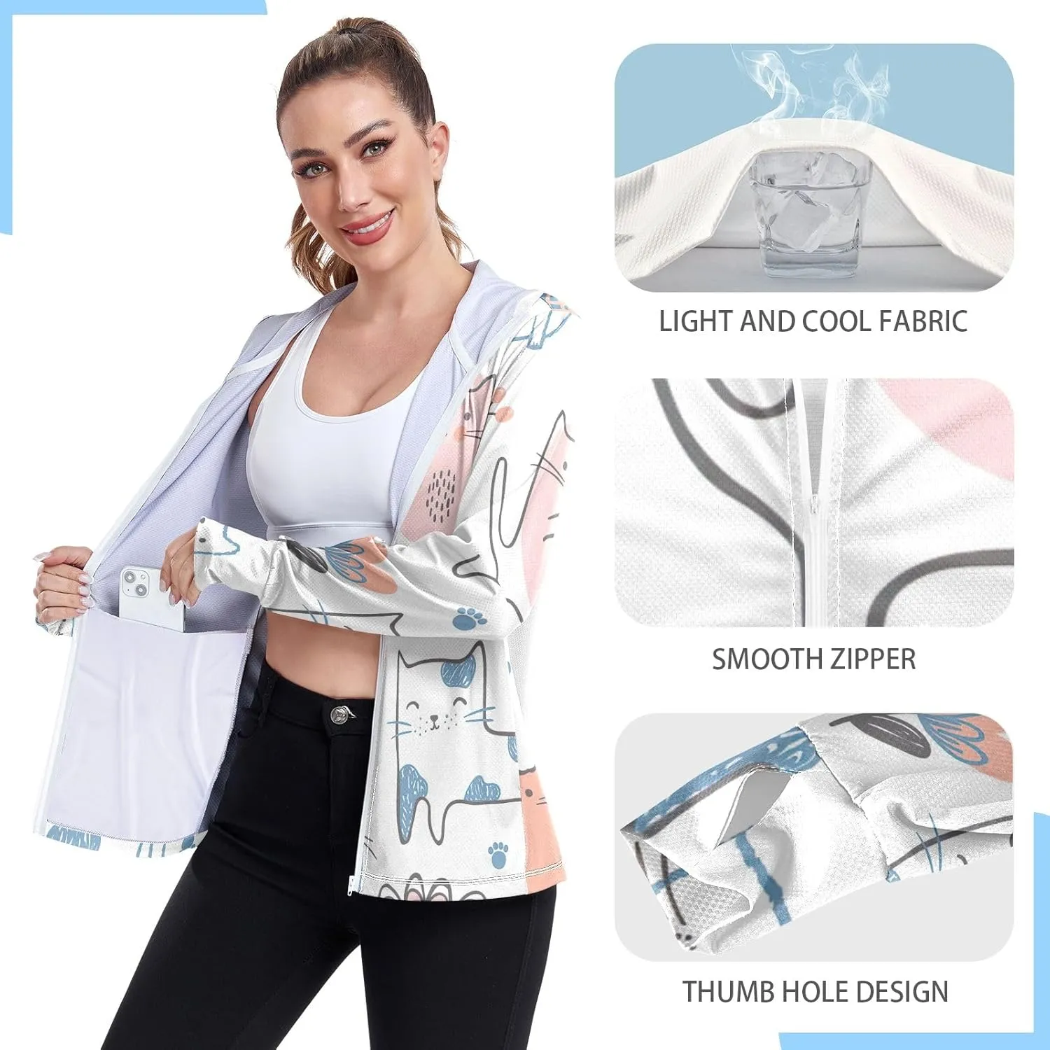 GAIGEO Blue Pink Tropical Leaf White Women Jacket UPF 50  Uv Clothes Women Thumb Holes Neck Protection, XXL