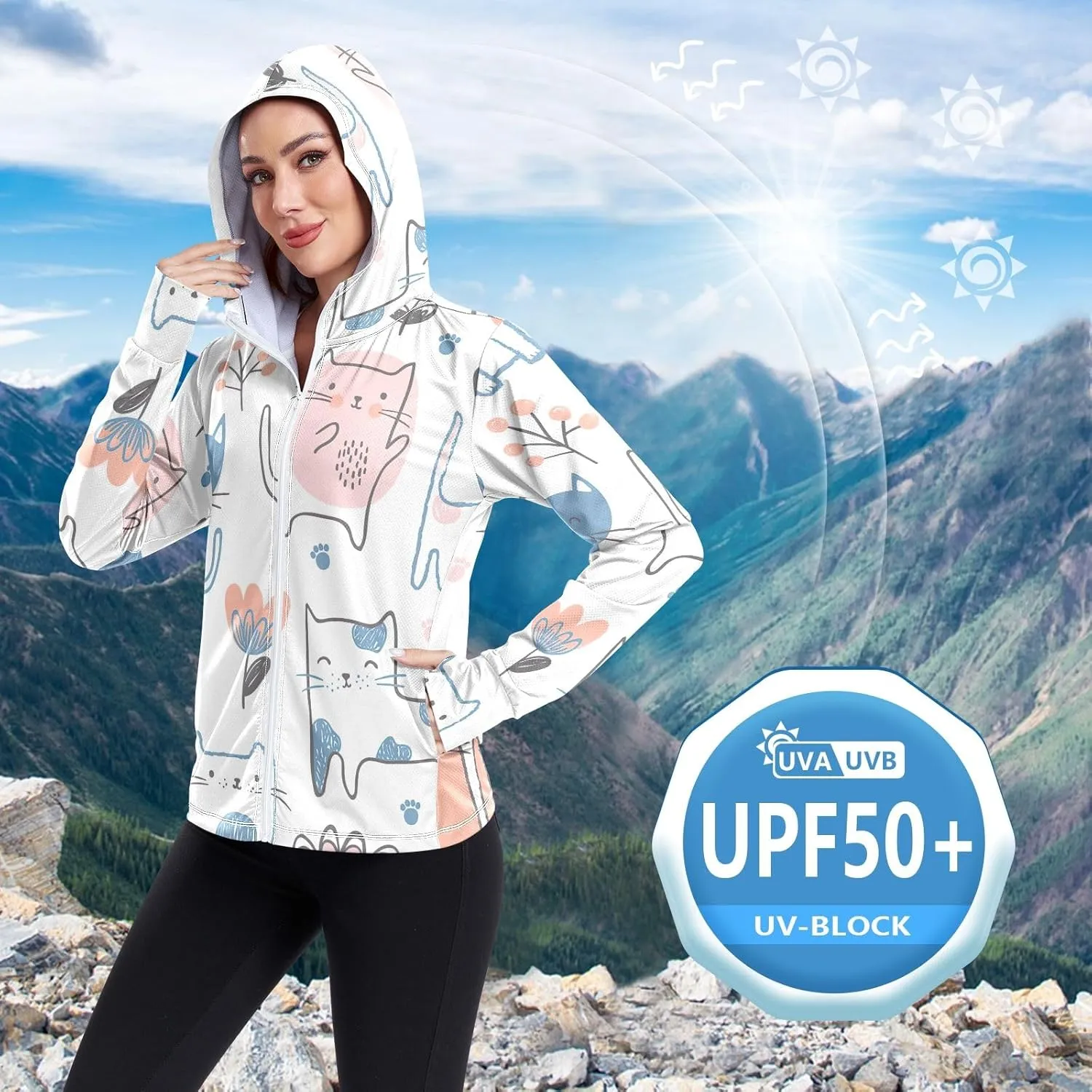 GAIGEO Blue Pink Tropical Leaf White Women Jacket UPF 50  Uv Clothes Women Thumb Holes Neck Protection, XXL