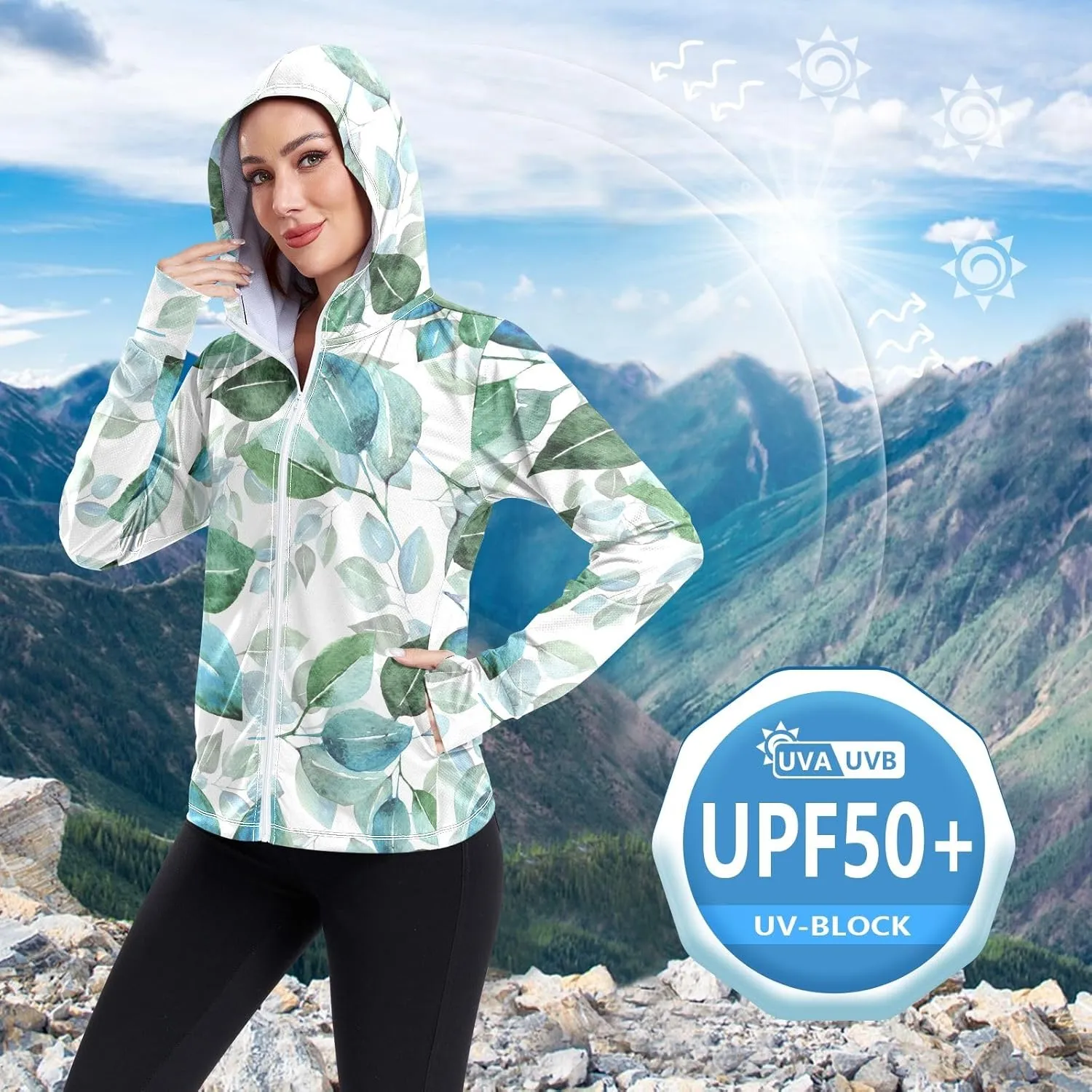 GAIGEO Blue Pink Tropical Leaf White Women Jacket UPF 50  Uv Clothes Women Thumb Holes Neck Protection, XXL