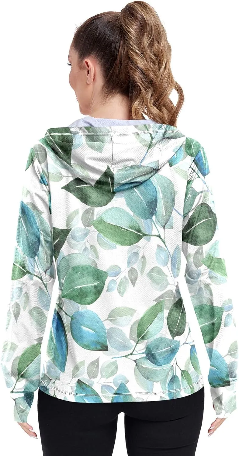 GAIGEO Blue Pink Tropical Leaf White Women Jacket UPF 50  Uv Clothes Women Thumb Holes Neck Protection, XXL