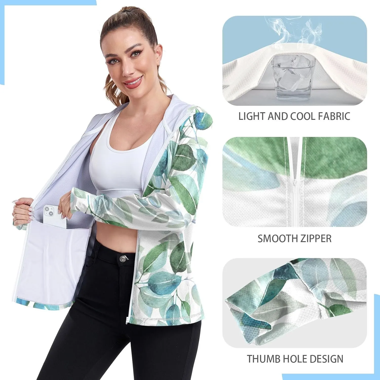 GAIGEO Blue Pink Tropical Leaf White Women Jacket UPF 50  Uv Clothes Women Thumb Holes Neck Protection, XXL