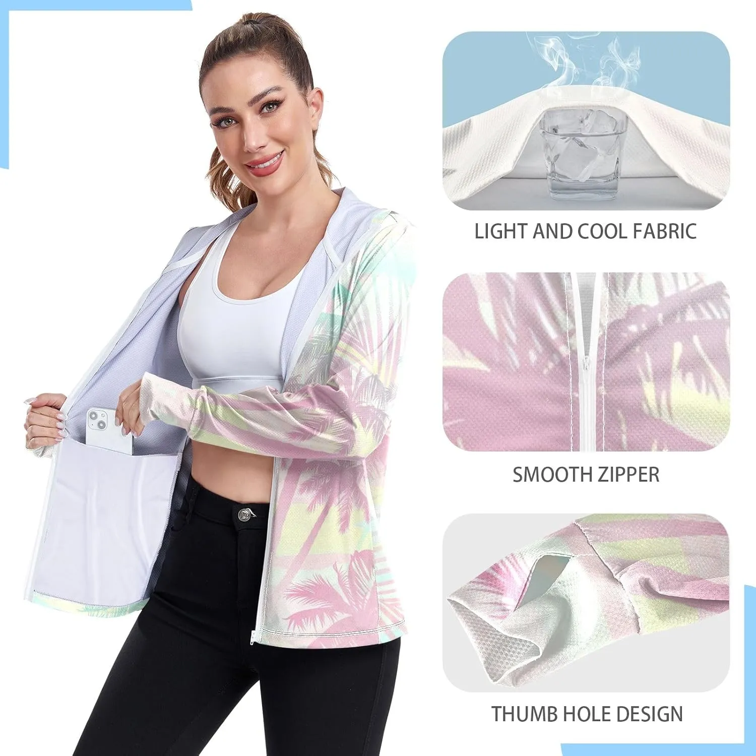 GAIGEO Green Pink Palm Trees Women Jacket Breathable Sun Protection Clothing Women UPF 50 , with Zip Pockets, S