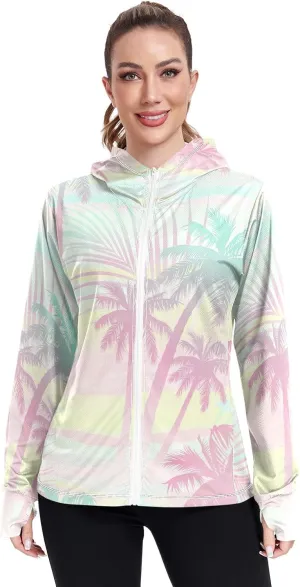 GAIGEO Green Pink Palm Trees Women Jacket Breathable Sun Protection Clothing Women UPF 50 , with Zip Pockets, S