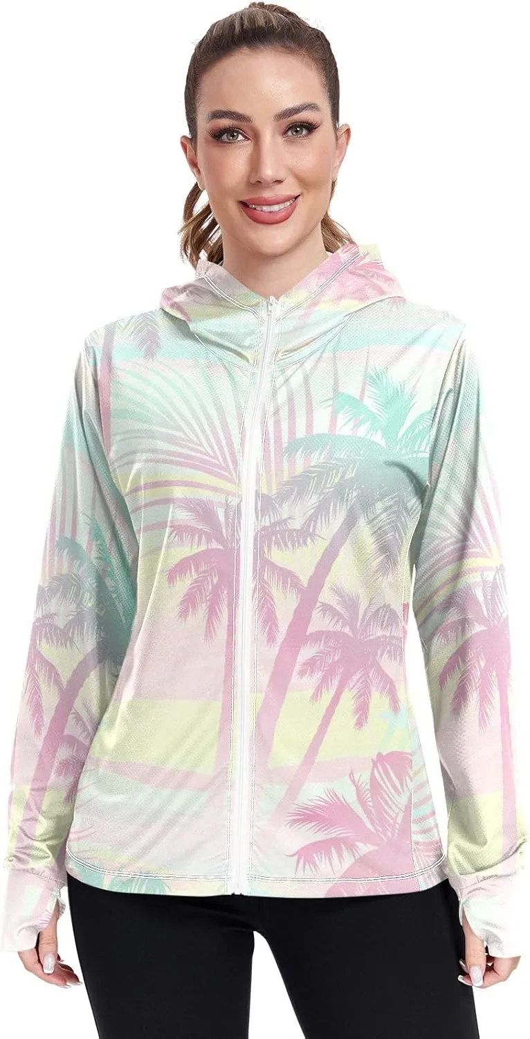 GAIGEO Green Pink Palm Trees Women Jacket Breathable Sun Protection Clothing Women UPF 50 , with Zip Pockets, S