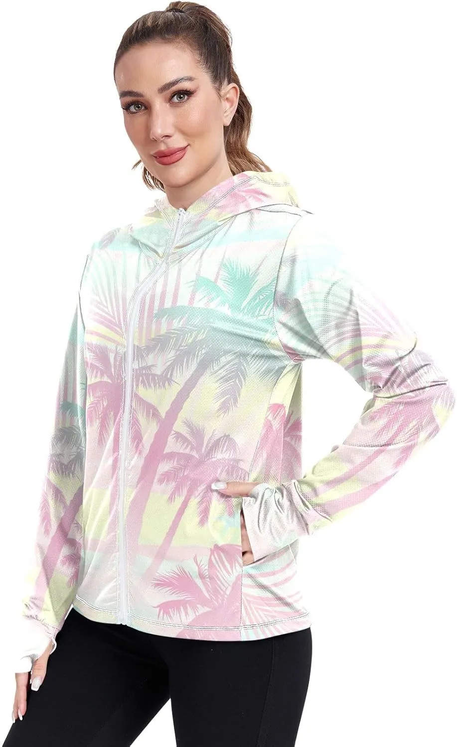 GAIGEO Green Pink Palm Trees Women Jacket Breathable Sun Protection Clothing Women UPF 50 , with Zip Pockets, S